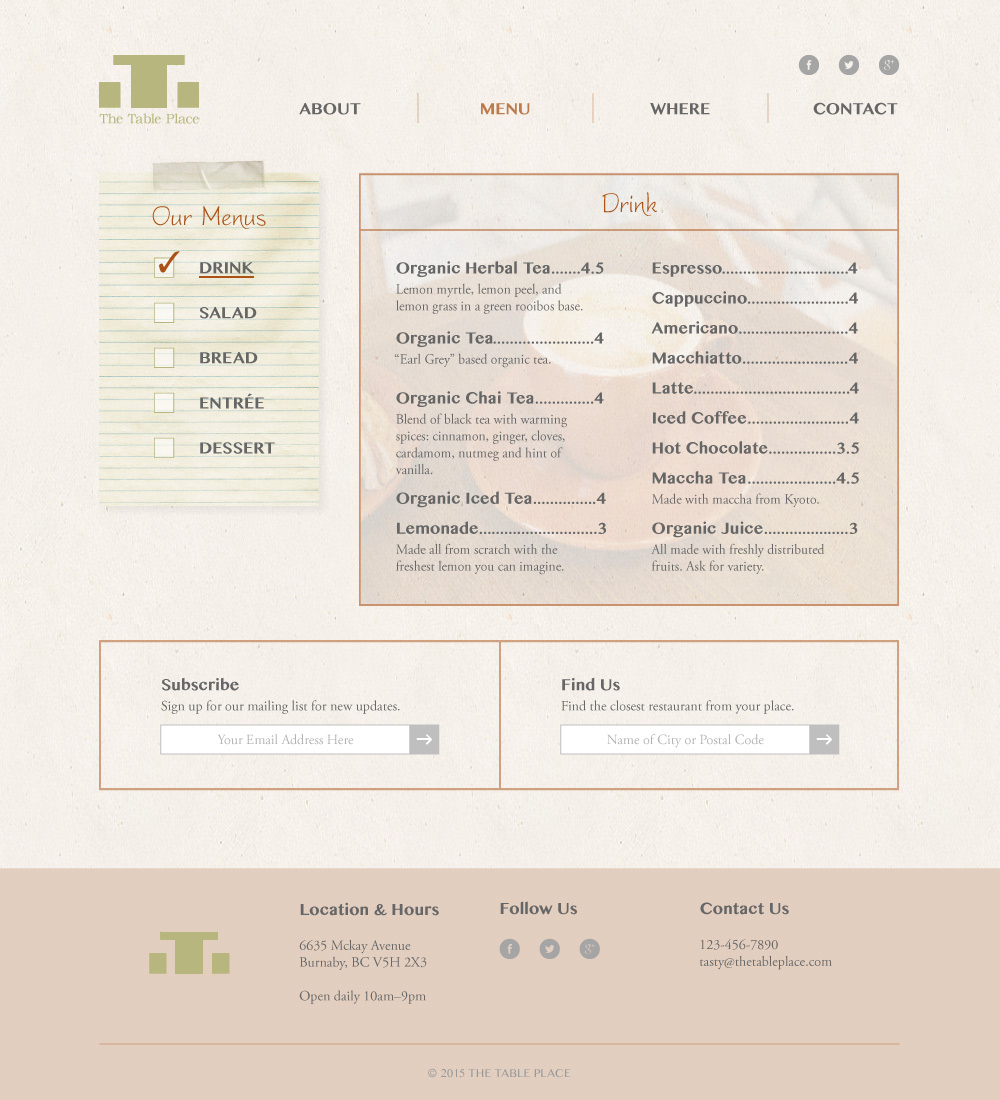 The Table Place Website Design Mockup Menu (Drink)