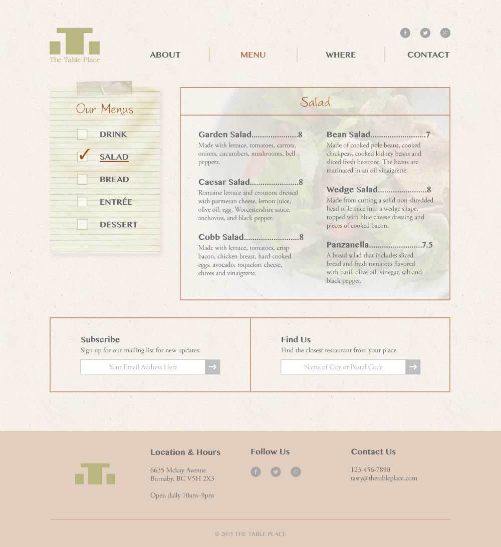 The Table Place Website Design Mockup Menu (Salad)