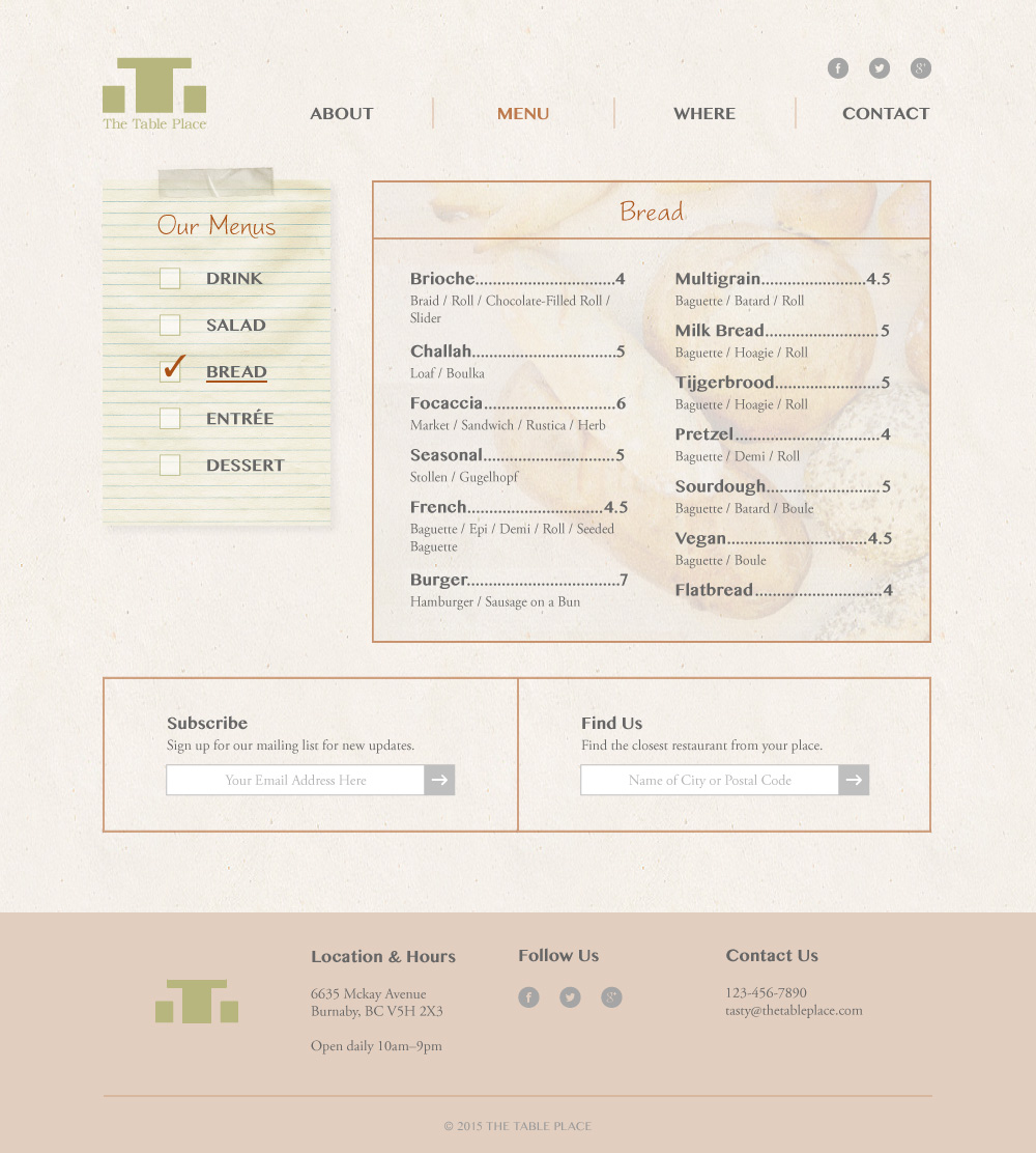 The Table Place Website Design Mockup Menu (Bread)